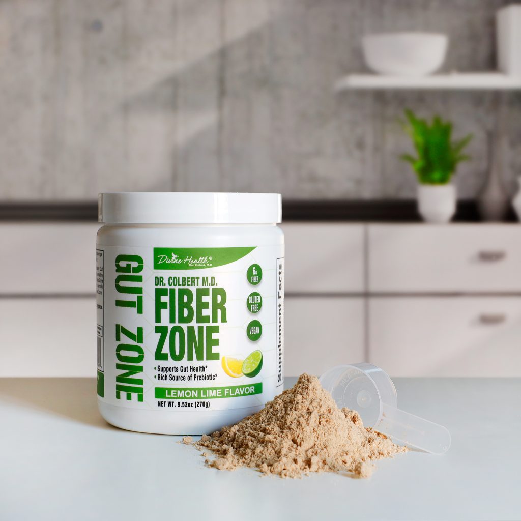 dr. colbert divine health lemon lime fiber zone with powder on counter